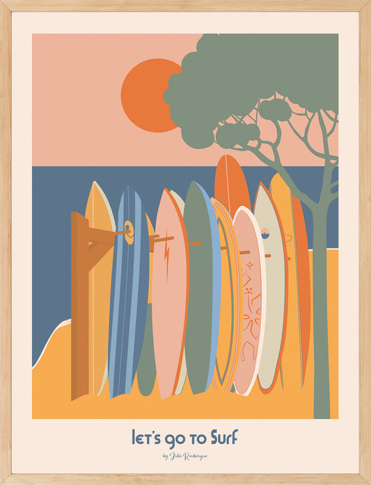 Affiche Let's Go to Surf illustration surfboards déco bord de mer style rétro par Julie Roubergue