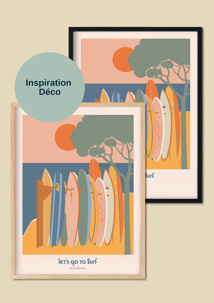 Affiche Let's Go to Surf encadrée inspiration déco murale bord de mer cadre bois naturel ou cadre noir