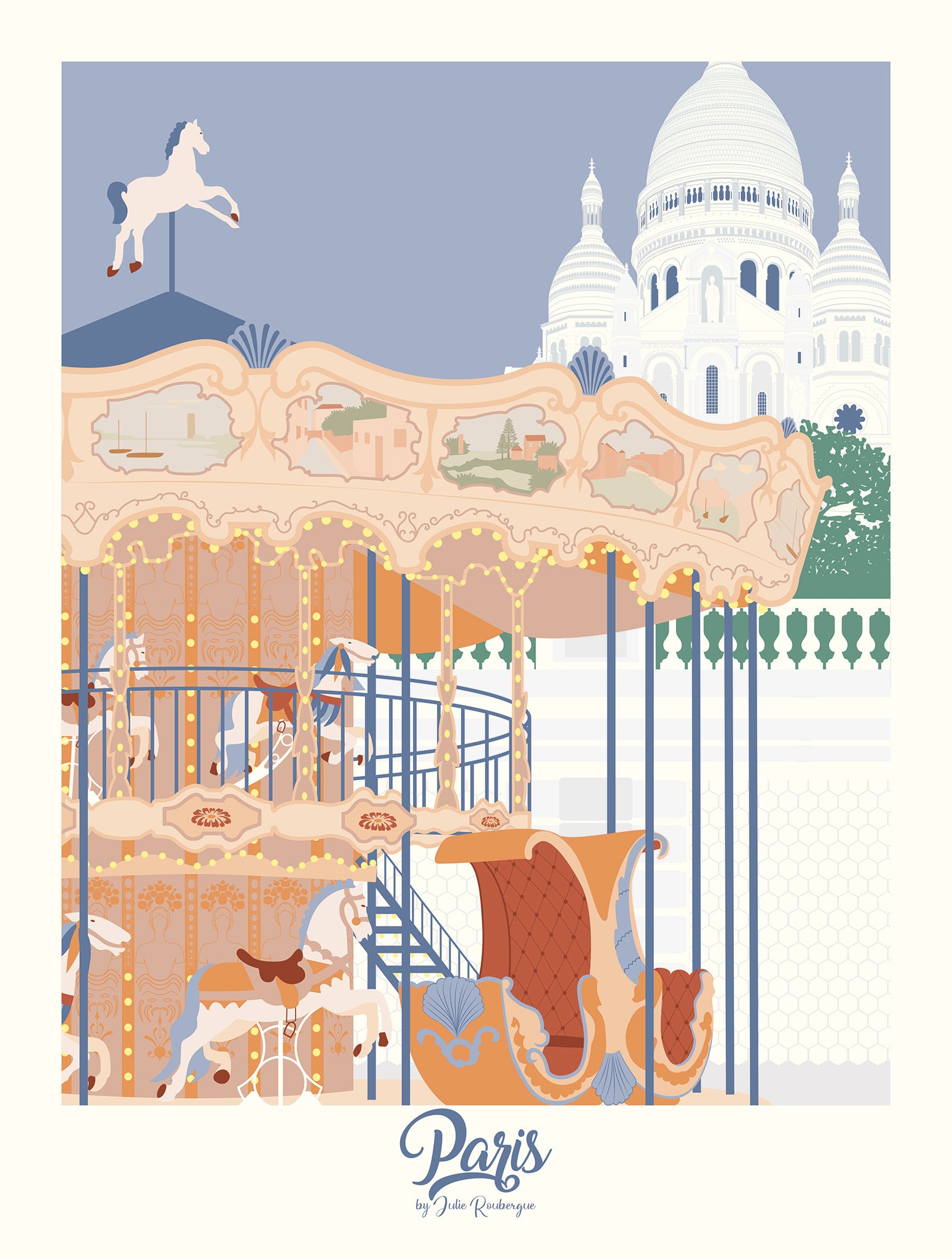 Illustration du Sacré-Cœur et du carrousel de Montmartre, affiche décorative au style élégant et poétique.