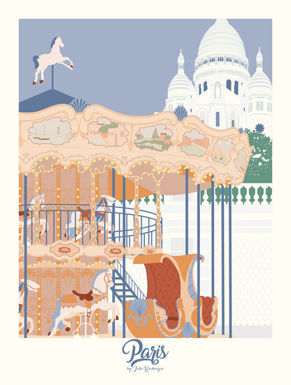 Illustration du Sacré-Cœur et du carrousel de Montmartre, affiche décorative au style élégant et poétique.