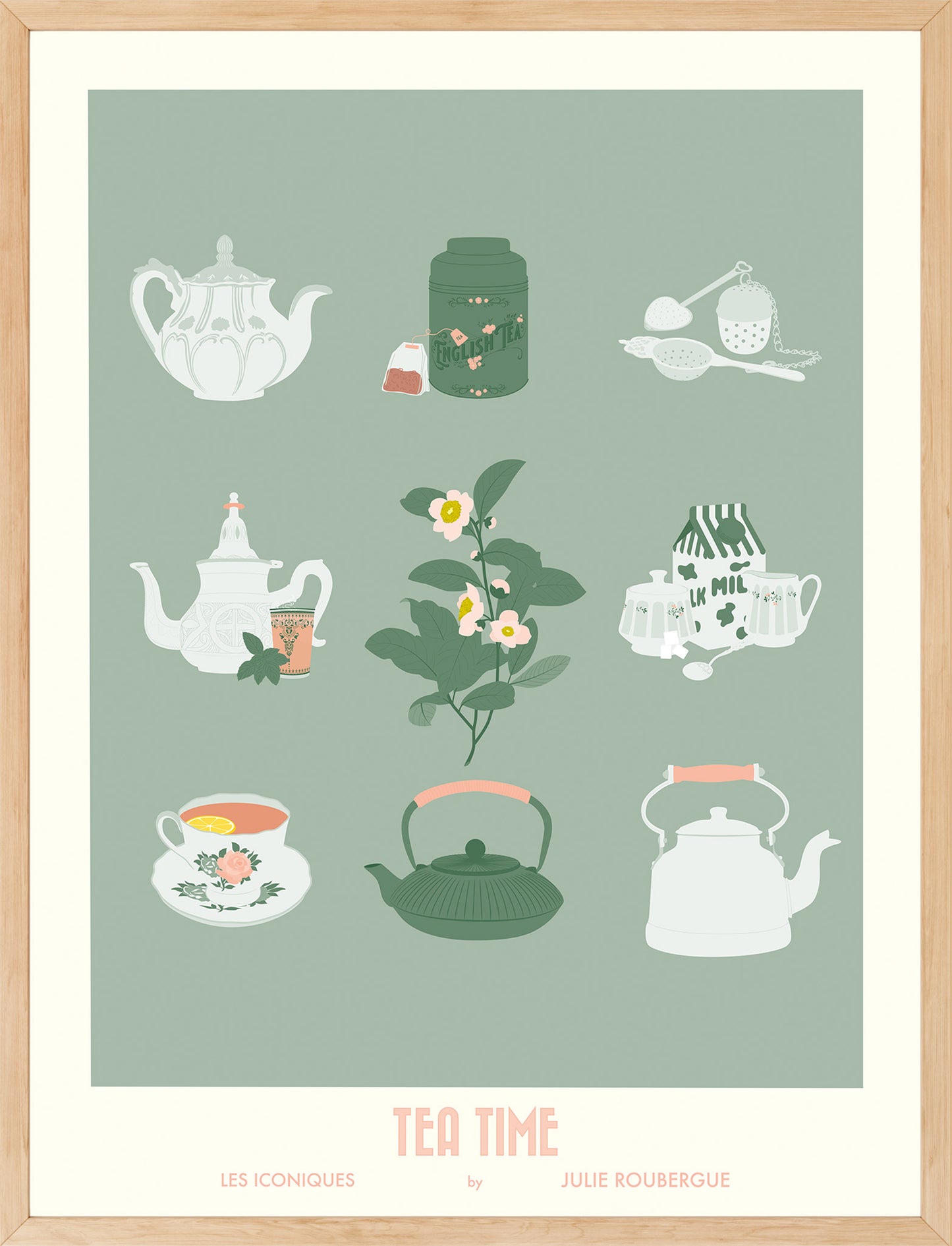Affiche "Tea Time – Les Iconiques" encadrée dans un cadre bois clair, ambiance déco vintage et chaleureuse