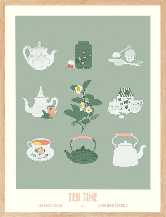 Affiche "Tea Time – Les Iconiques" encadrée dans un cadre bois clair, ambiance déco vintage et chaleureuse