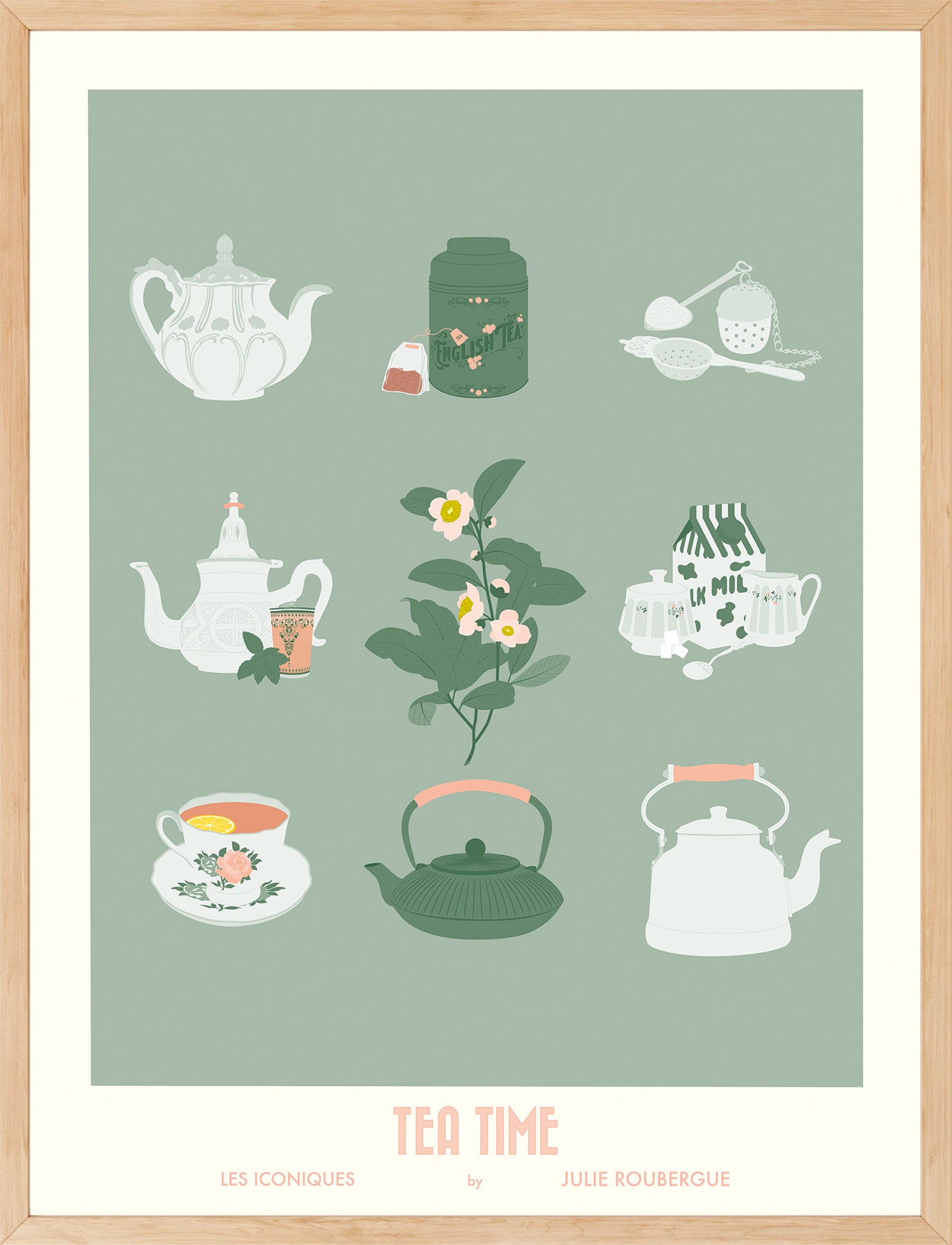 Affiche "Tea Time – Les Iconiques" encadrée dans un cadre bois clair, ambiance déco vintage et chaleureuse