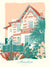Carte postale illustrée intitulée “Arcachon, Ville d'Hiver” par Julie Roubergue, représentant une belle villa de ce fameux quartier d'Arcachon dans des tons pastel.