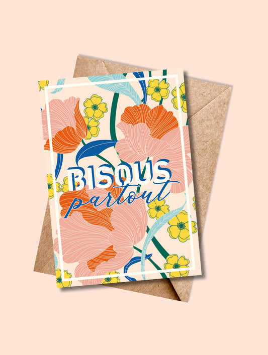 Carte postale BISOUS PARTOUT vive avec enveloppe kraft assortie

