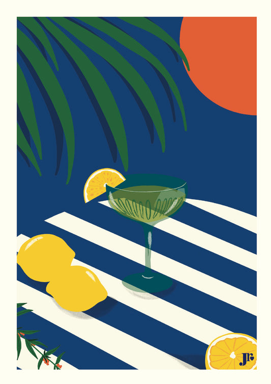Carte postale Bord de Mer, L'Aperitivo illustration colorée à rayures format 10x15 cm