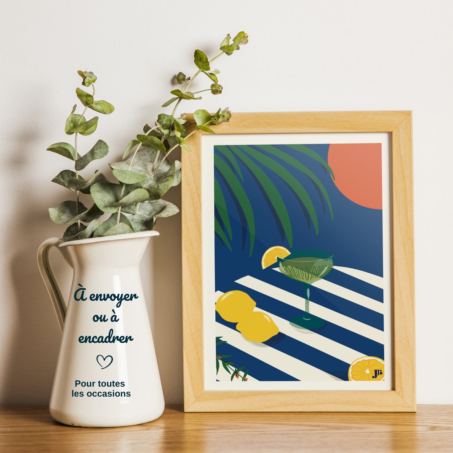 Carte postale Bord de Mer, L'Aperitivo en décoration sur bureau idée cadeau illustration Julieroubergue