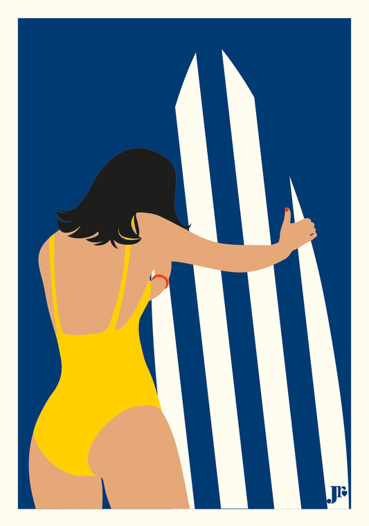 Carte postale Bord de Mer, Retour du Surf illustration colorée format 10,5x15 cm. Illustration originale de Julie Roubergue
