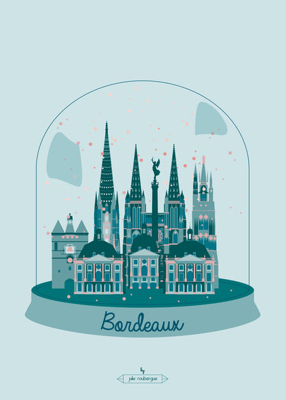 Carte postale illustrée intitulée “Bordeaux en Hiver" par Julie Roubergue, représentant les monuments emblématiques de Bordeaux dans une boule de neige.