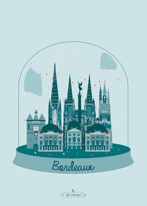 Carte postale illustrée intitulée “Bordeaux en Hiver" par Julie Roubergue, représentant les monuments emblématiques de Bordeaux dans une boule de neige.