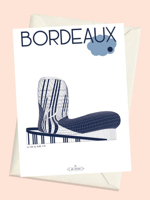 Carte postale Bordeaux – La Cité du Vin (version fond blanc) avec son enveloppe, illustration stylisée en lignes marine du bâtiment architectural signé X-TU.