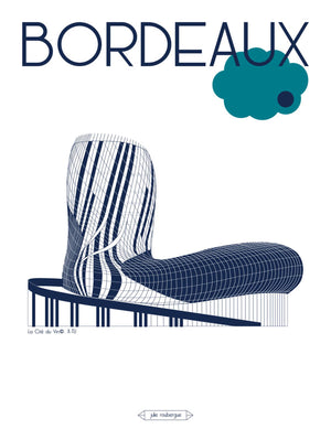 Carte postale Bordeaux – La Cité du Vin (version fond blanc) avec son enveloppe, illustration stylisée en lignes marine du bâtiment architectural signé X-TU.