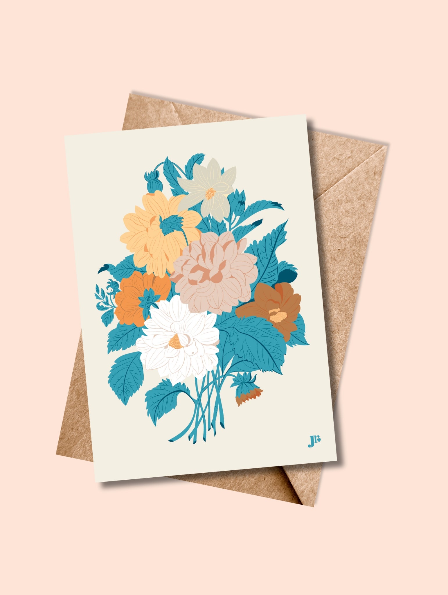 Carte postale Bouquet d’Hiver – Éclats Silencieux avec son enveloppe kraft, illustration florale hivernale aux teintes froides.