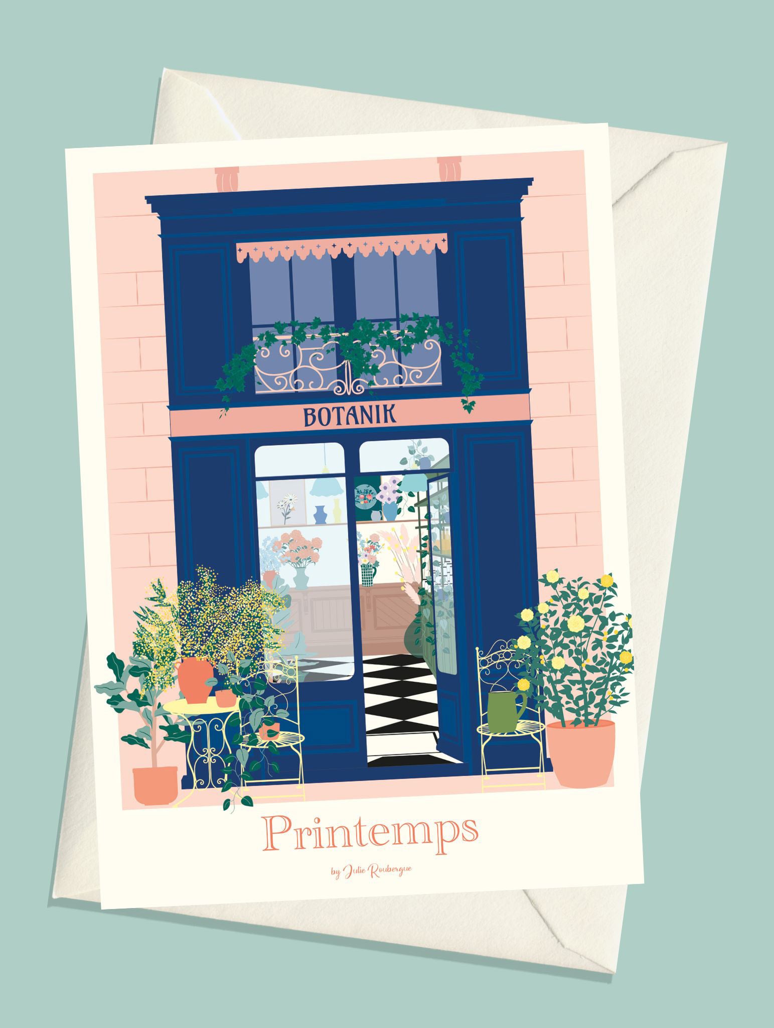 Carte postale Boutique Fleurie avec enveloppe kraft – illustration Printemps en Ville par Julie Roubergue.