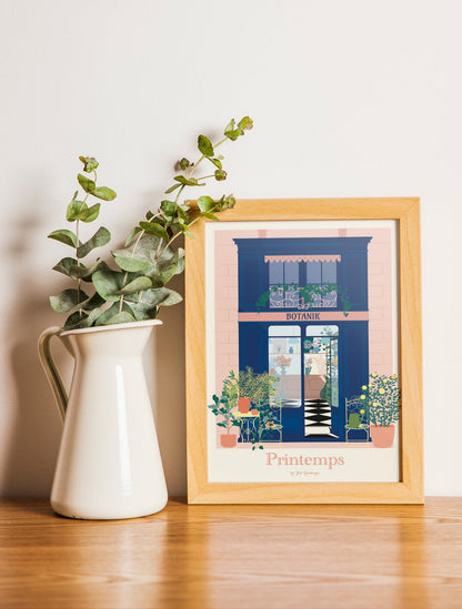 Carte postale encadrée Boutique Fleurie – illustration décorative pour une touche végétale et colorée.