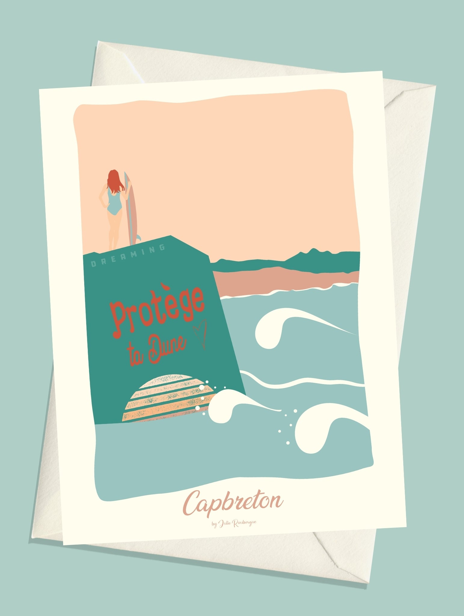 Carte postale illustrée intitulée “Capbreton, Le Spot” par Julie Roubergue, représentant un des fameux spot de surf de Capbreton , la plage de Santocha dans des tons pastel.