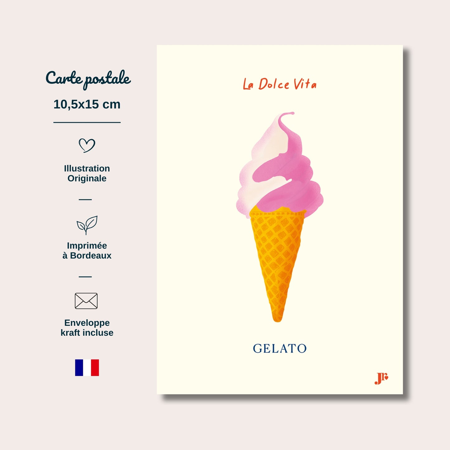 Carte postale Dolce Vita, Gelato  avec informations format 10,5x15 cm papier épais impression de qualité