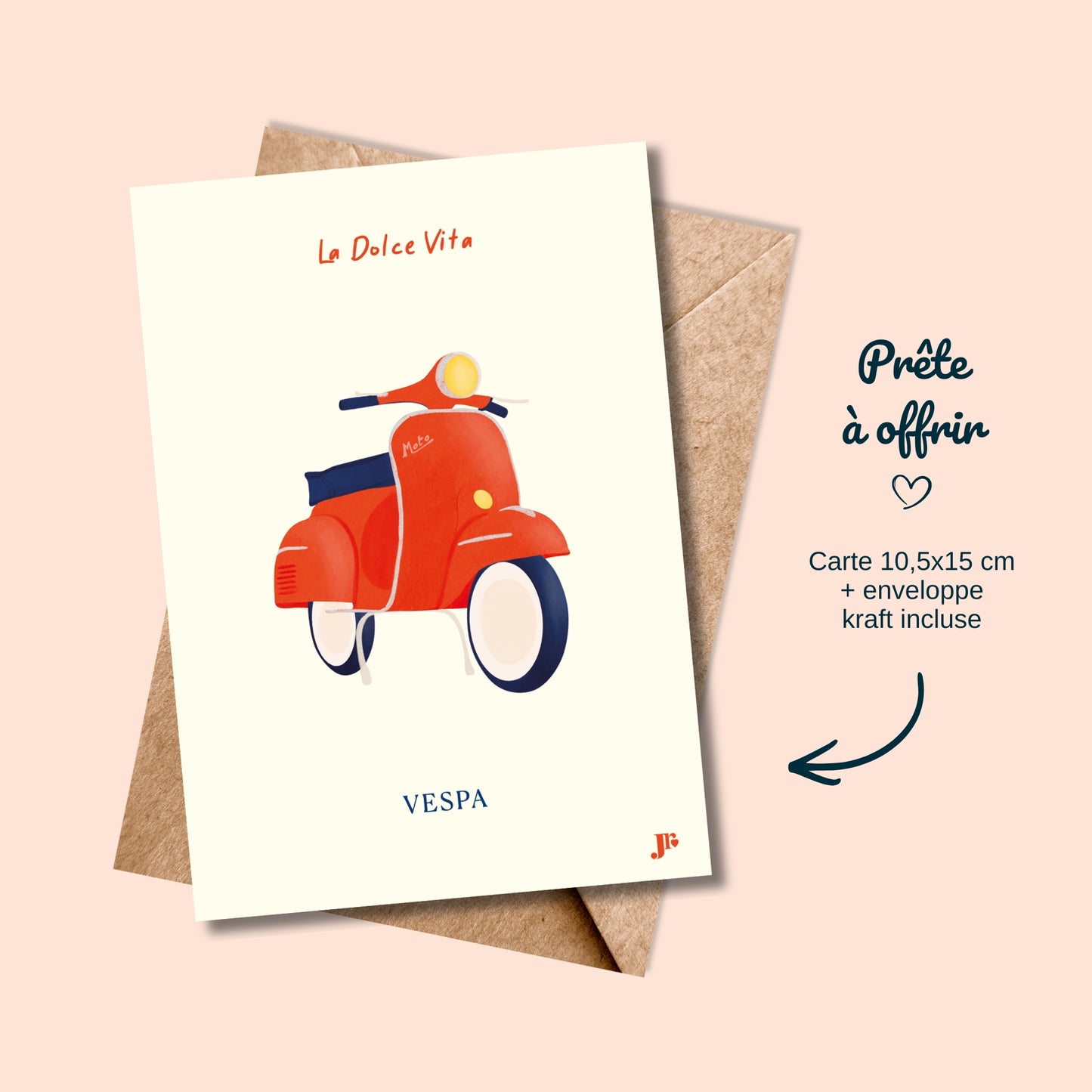 Carte postale Dolce Vita, Vespa avec enveloppe kraft prête à offrir illustration Julieroubergue