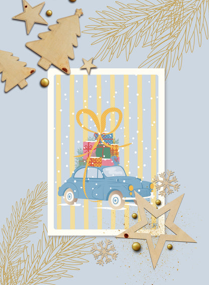 Illustration de la carte postale En route pour Noël, voiture rétro chargée de paquets cadeaux et ruban jaune à pois dans un décor de Noël.