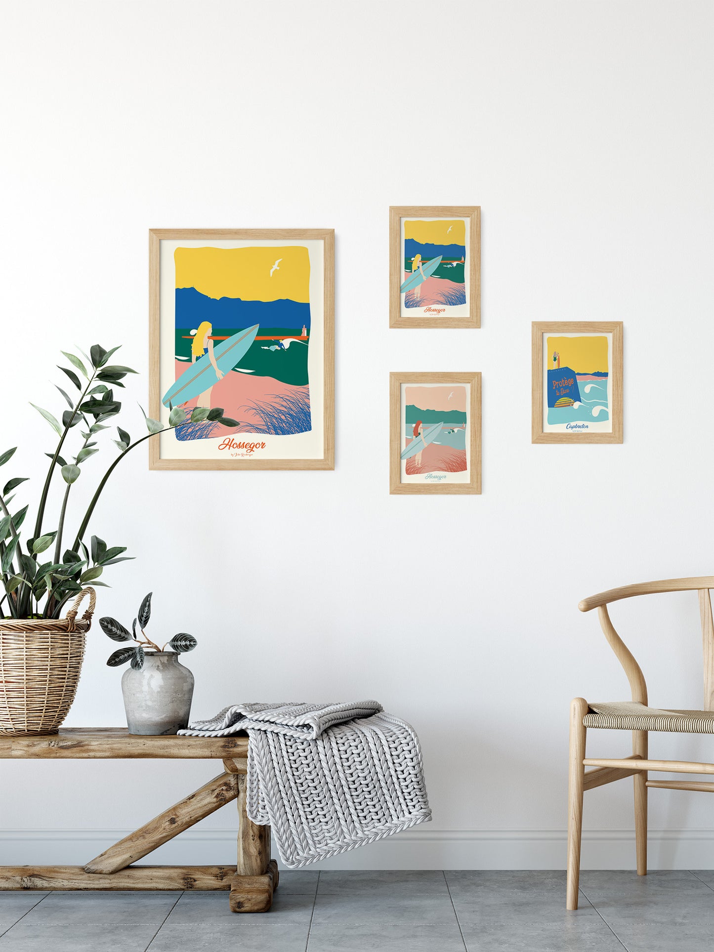 Cartes postales illustrées par Julie Roubergue, représentant le surf à Hossegor