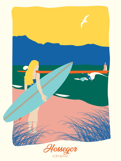 Carte postale illustrée intitulée “Hossegor, La Surfeuse” par Julie Roubergue, représentant une surfeuse prête à se jeter à l'eau.