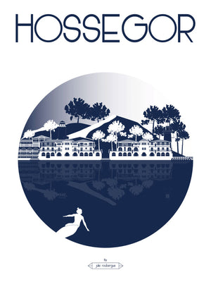 Carte postale illustrée intitulée “Hossegor, La Ville” par Julie Roubergue, représentant les lieux emblématiques de cette station blalnéaire de la côte landaise en marine.