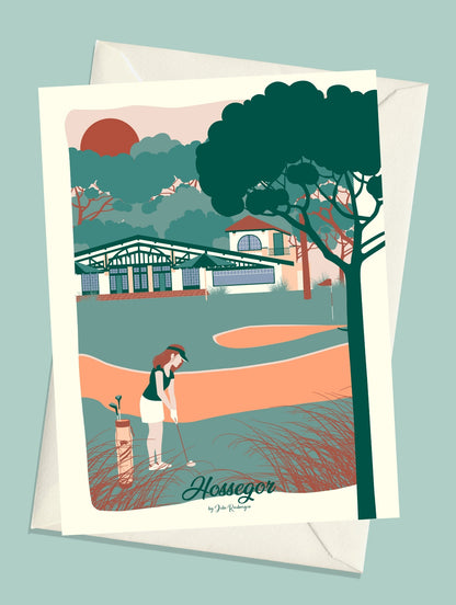 Carte postale illustrée intitulée "Hossegor, Le Golf" par Julie Roubergue, représentant une golfeuse devant le club-house dans les tons pastel.
