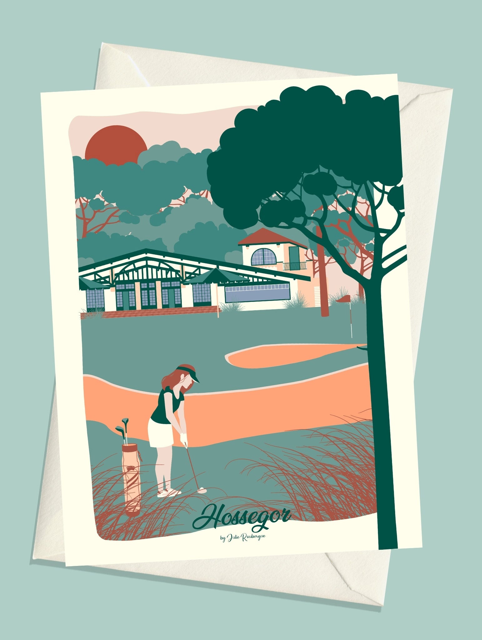 Carte postale illustrée intitulée "Hossegor, Le Golf" par Julie Roubergue, représentant une golfeuse devant le club-house dans les tons pastel.