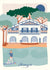 Carte postale illustrée intitulée " Hossegor, Le Lac" par Julie Roubergue, représentant le lac et une villa basco-landaise dans les tons pastel.