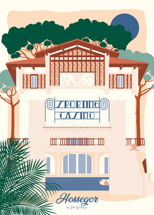 Carte postale illustrée Hossegor – Le Sporting, façade emblématique entourée de palmiers.