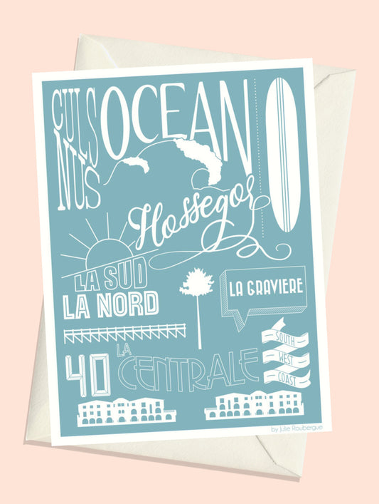 Carte postale illustrée intitulée “Hossegor, Les Plages” par Julie Roubergue, représentant graphiquement les plages de cette station balnéaire de la côte landaise en bleu.