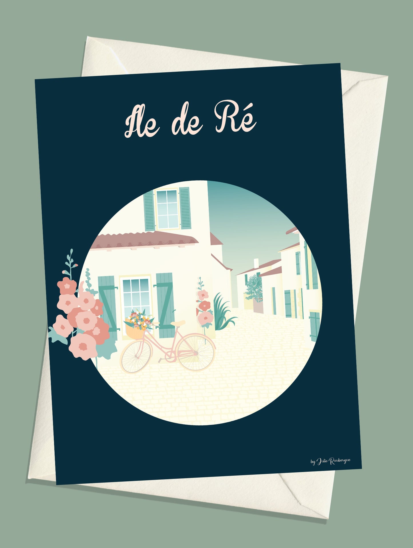 Carte postale illustrée "Île de Ré" accompagnée de son enveloppe blanche, création de Julie Roubergue.
