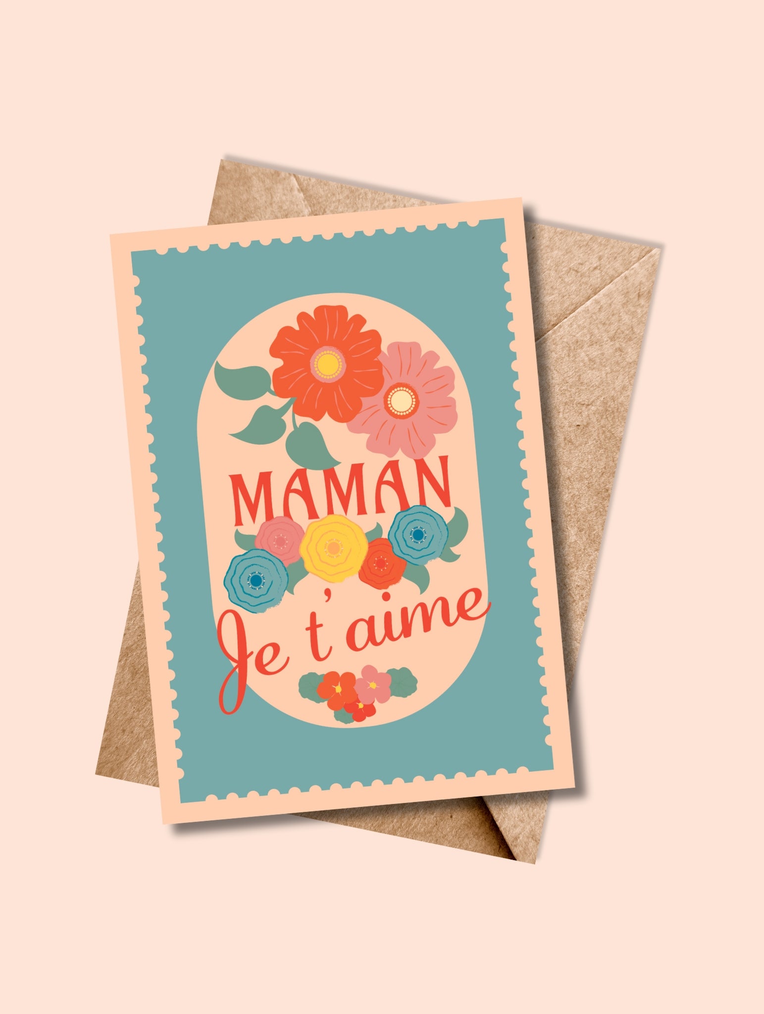 Carte postale MAMAN, Je t’aime avec enveloppe kraft – message fleuri et coloré pour dire je t’aime.