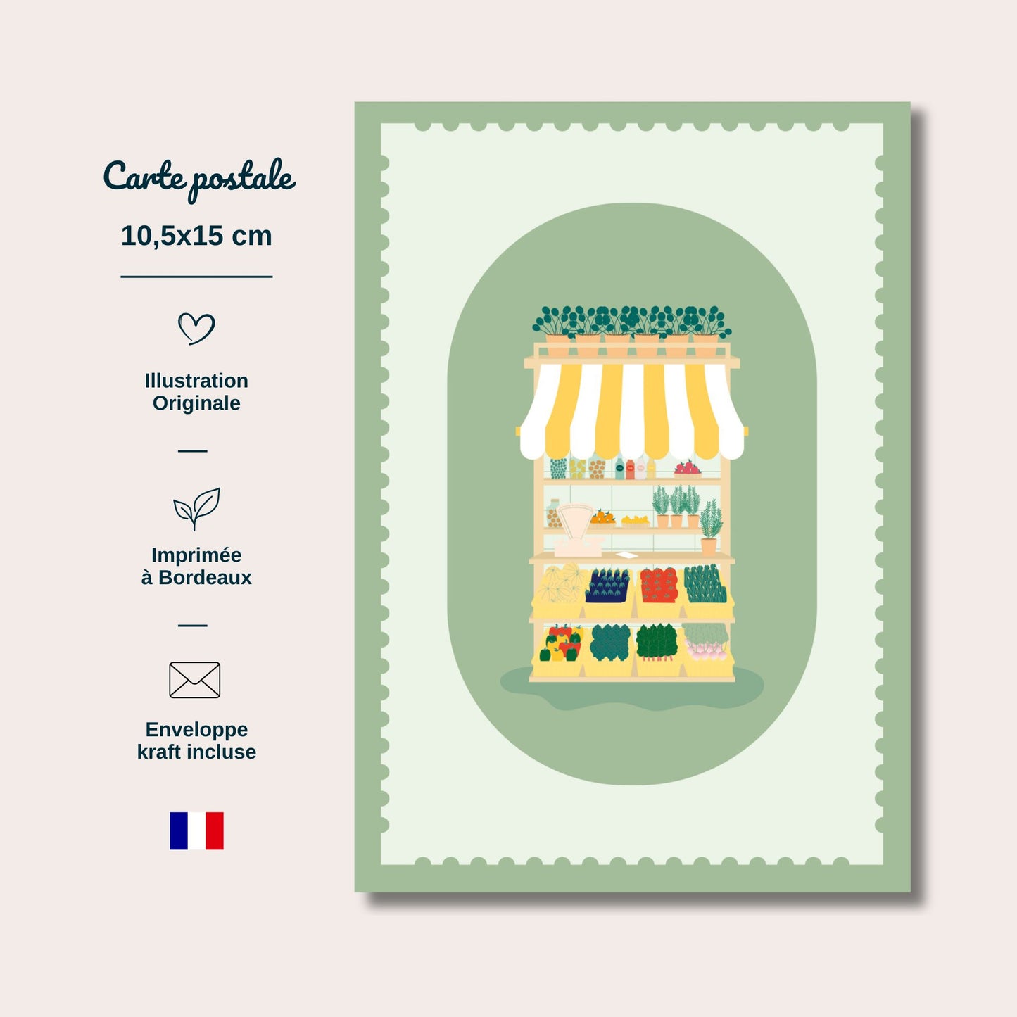 Carte postale Le Petit Marché au format 10,5x15cm. imprimée à Bordeaux, France