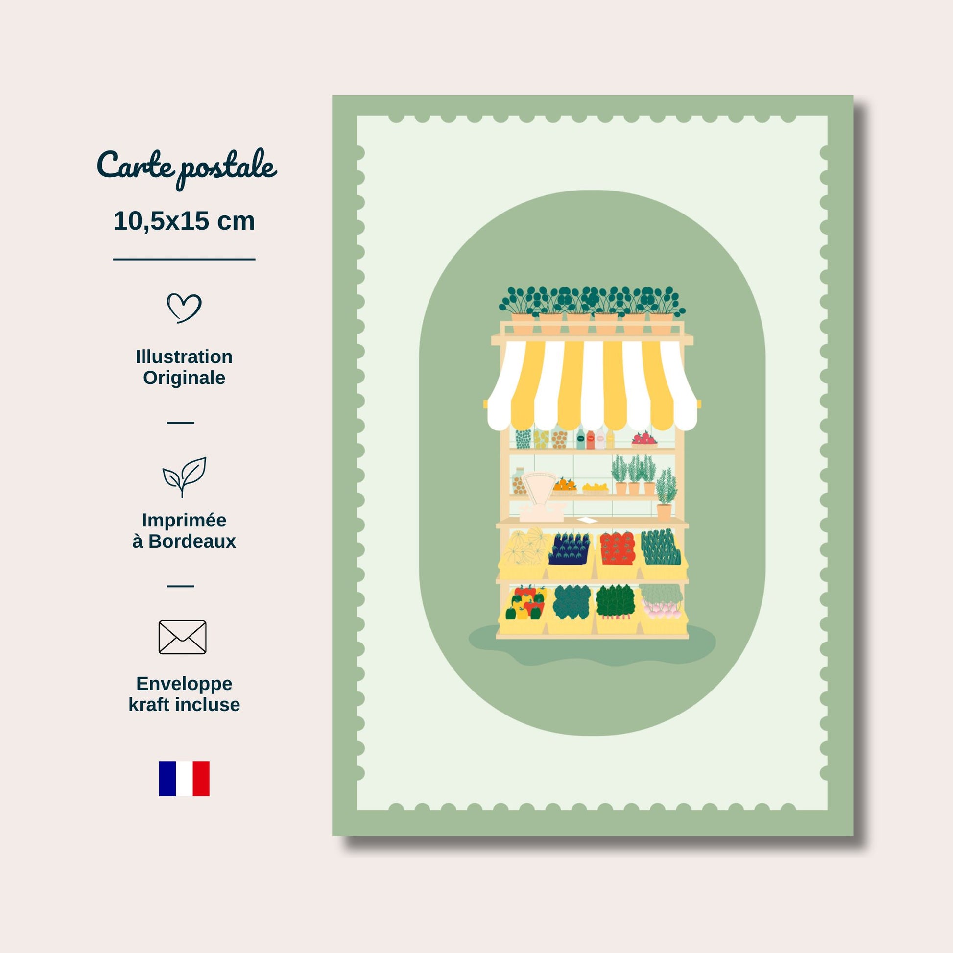 Carte postale Le Petit Marché au format 10,5x15cm. imprimée à Bordeaux, France