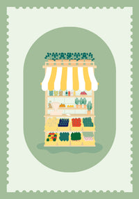 Carte postale illustration marché estival avec fruits légumes et plantes