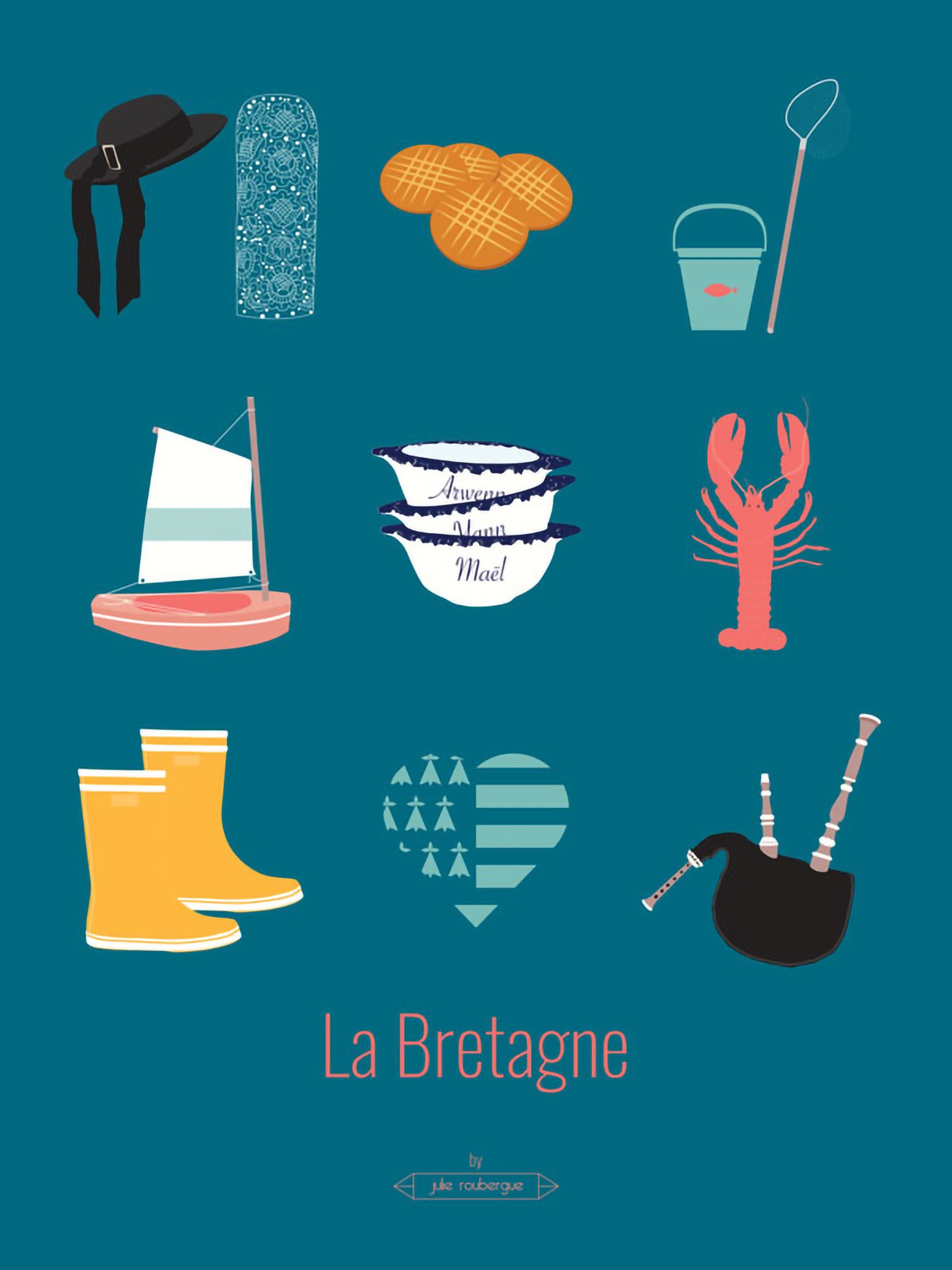 Carte postale La Bretagne – Les Iconiques, affichant une composition d’icônes bretonnes sur fond bleu turquoise.
