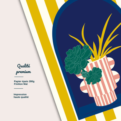 Détail illustration vase rayé et plante succulente style graphique coloré
