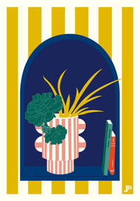 Carte postale illustration plante succulente niche graphique rayures jaunes.