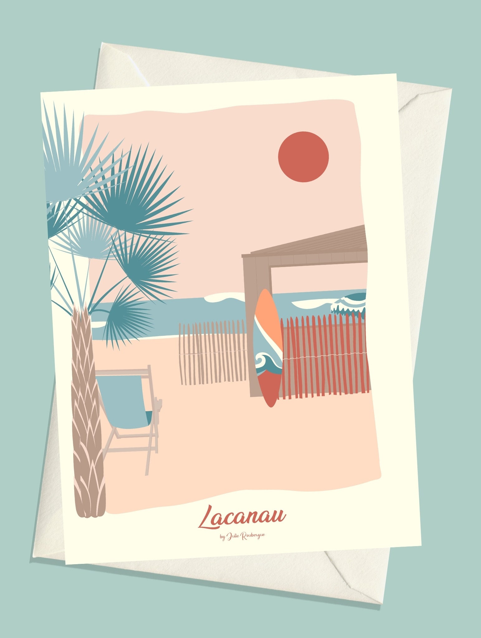 Carte postale Lacanau La Cabane accompagnée de son enveloppe blanche, prête à offrir.