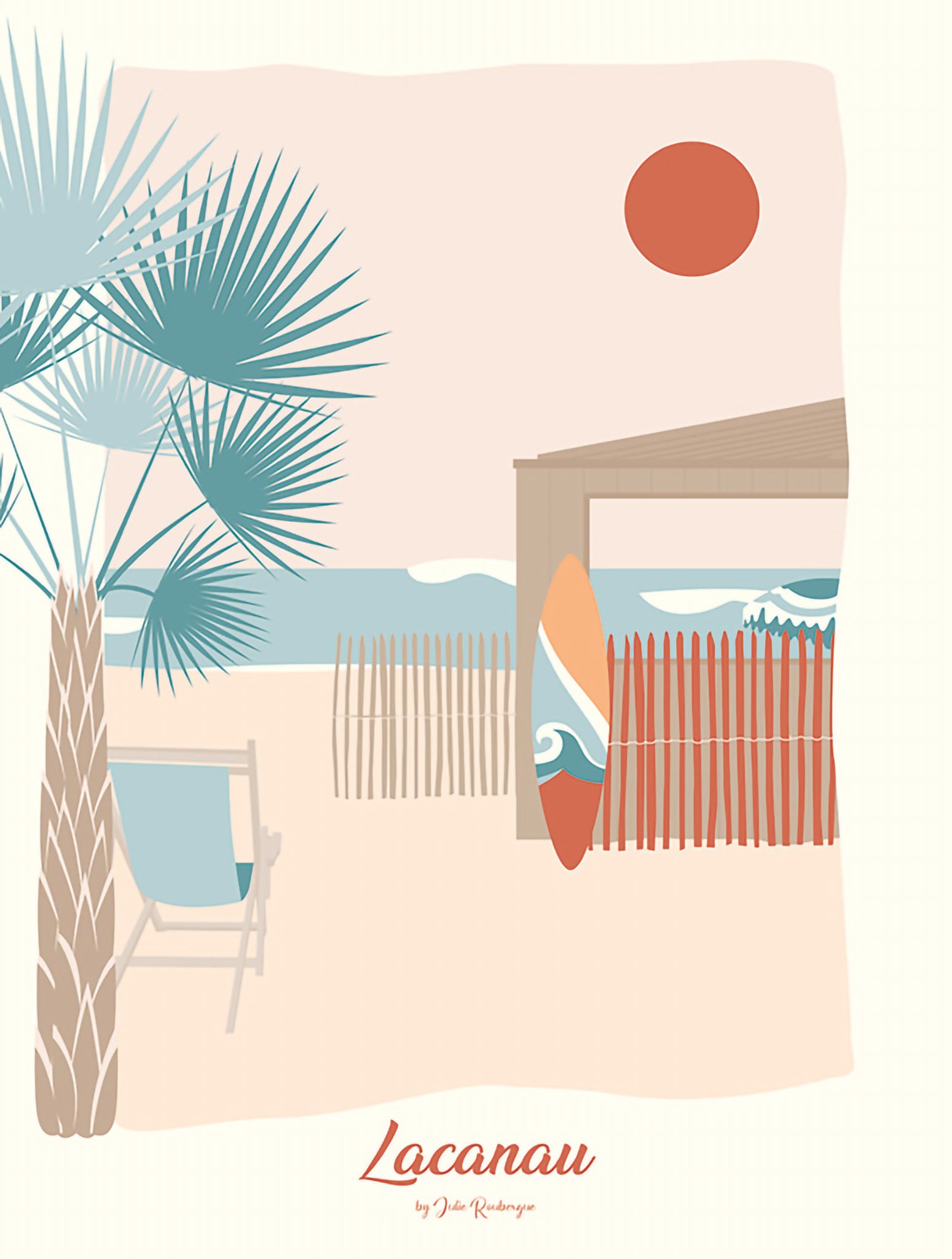 Carte postale Lacanau La Cabane, illustration pastel d'une plage avec cabane, planche de surf et palmiers.