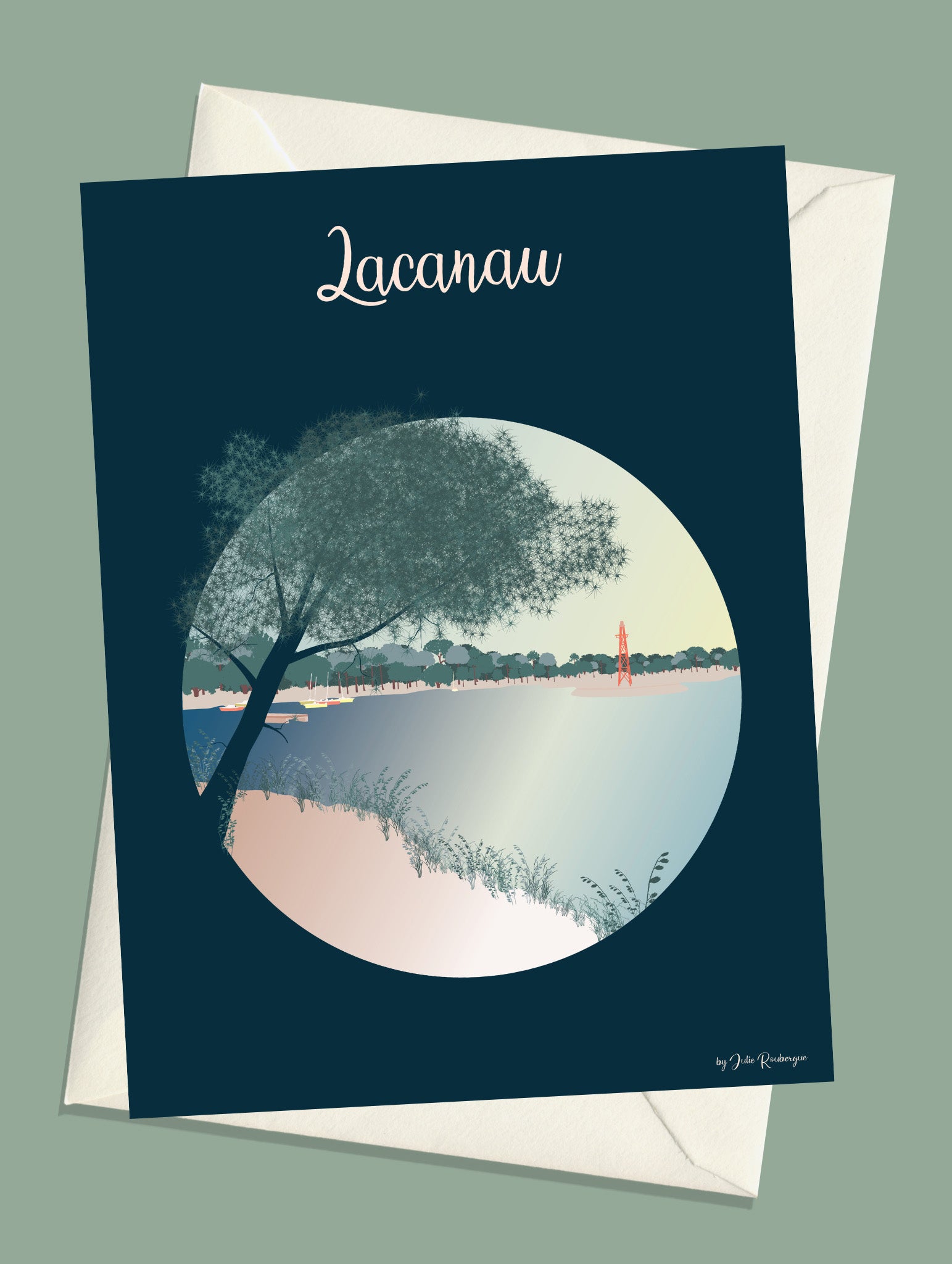 Carte postale Lacanau – Le Lac avec enveloppe assortie, paysage lacustre aux teintes douces et apaisantes.