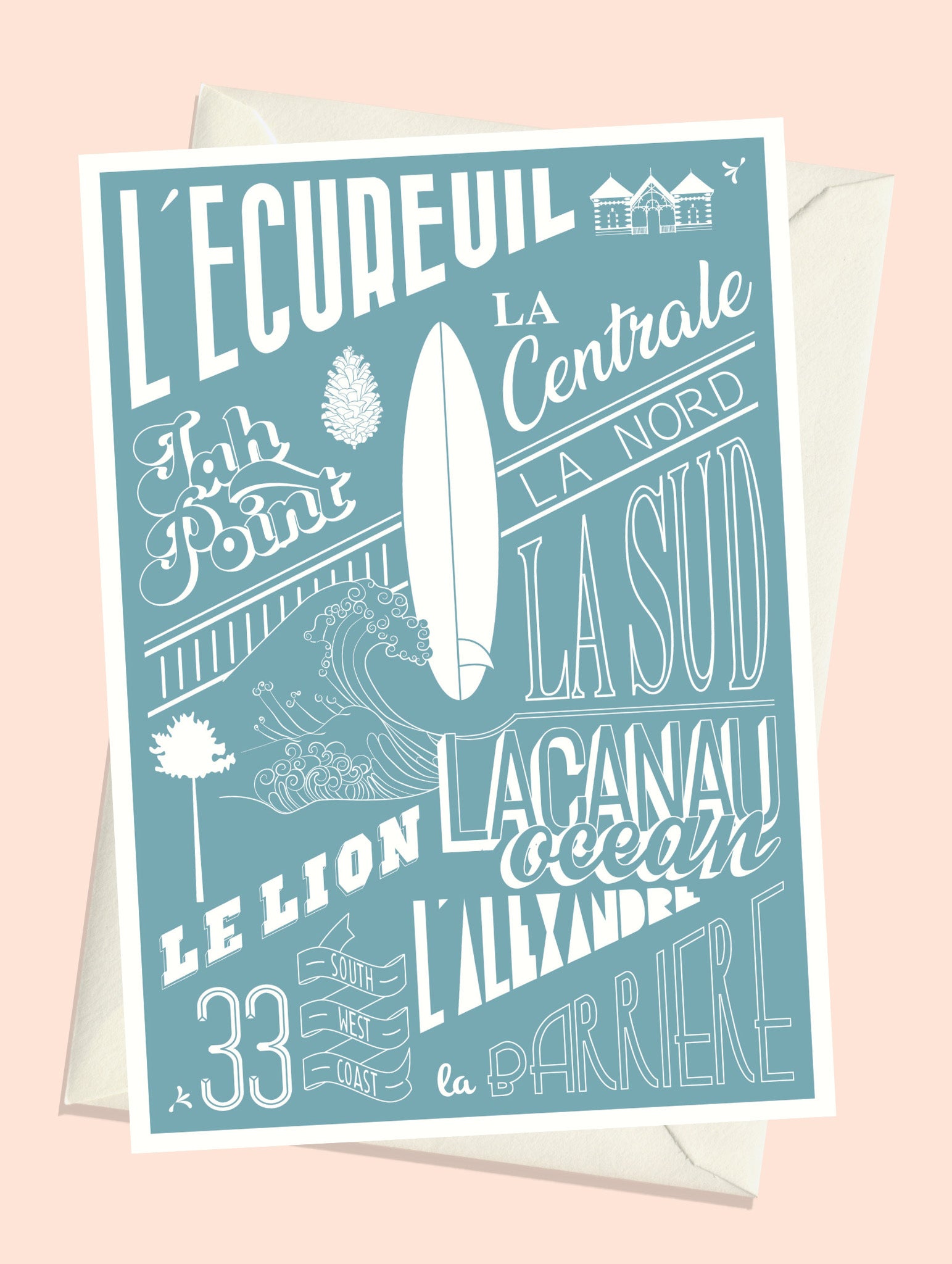 Carte postale Lacanau – Les Plages version bleue, illustration typographique et surf inspirée de l’océan Atlantique.