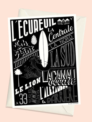 Carte postale Lacanau – Les Plages version noire, illustration graphique contrastée évoquant le surf et la côte Atlantique.