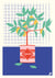 Carte postale Le Citronnier – illustration d’un citronnier dans une boîte rose rétro “Lemons” sur fond graphique bleu et quadrillage.