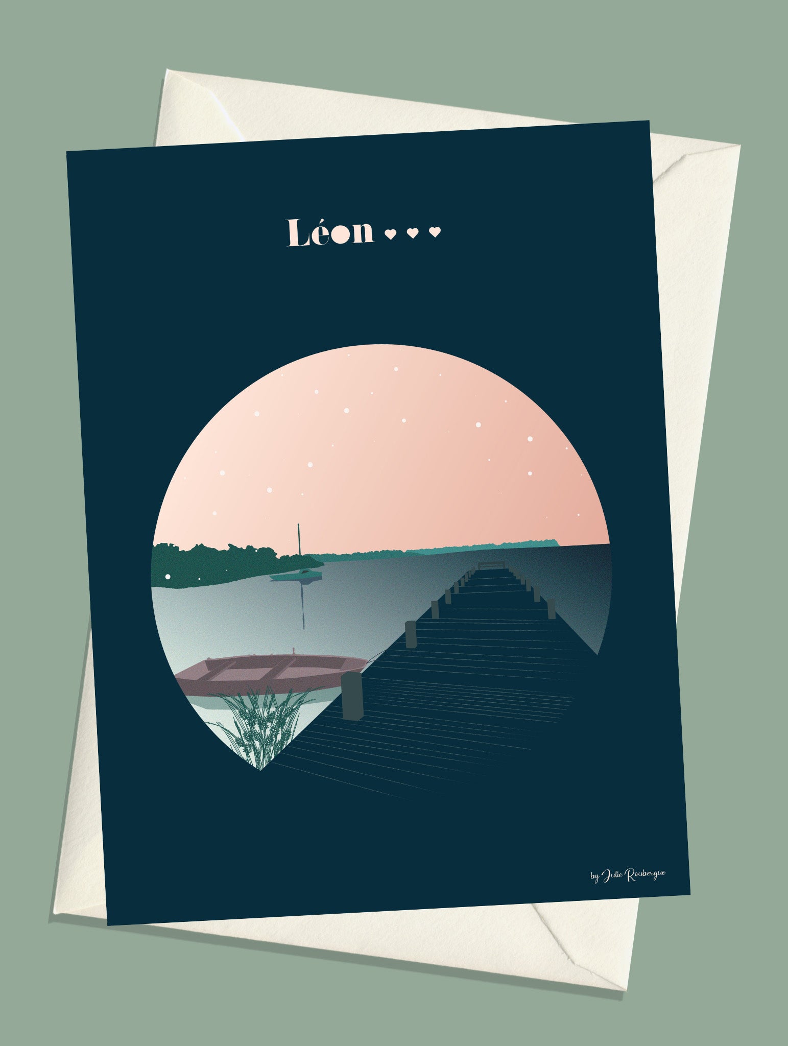 Carte postale Léon - Le Lac, illustration du lac, des barques et du fameux ponton avec enveloppe assortie.  