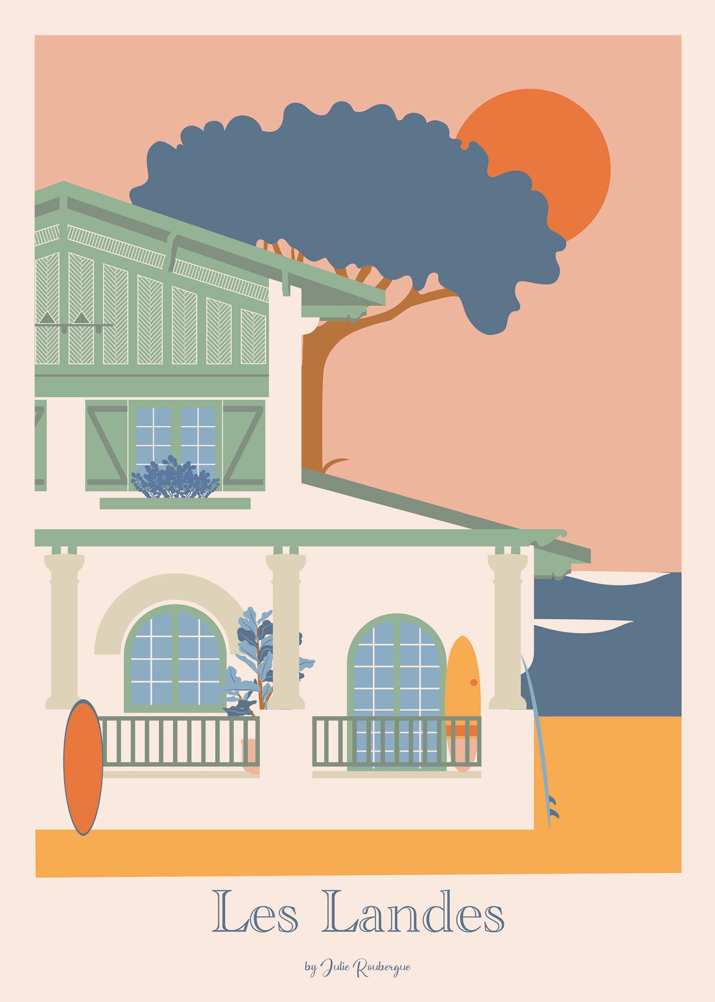 Carte postale Les Landes – Bord de Mer représentant une villa landaise face à l’océan.