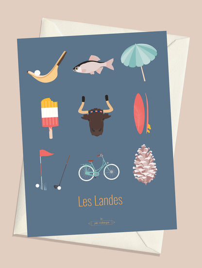 Carte postale Les Landes – Les Iconiques (bleu foncé) avec son enveloppe assortie, objets emblématiques de la région landaise.