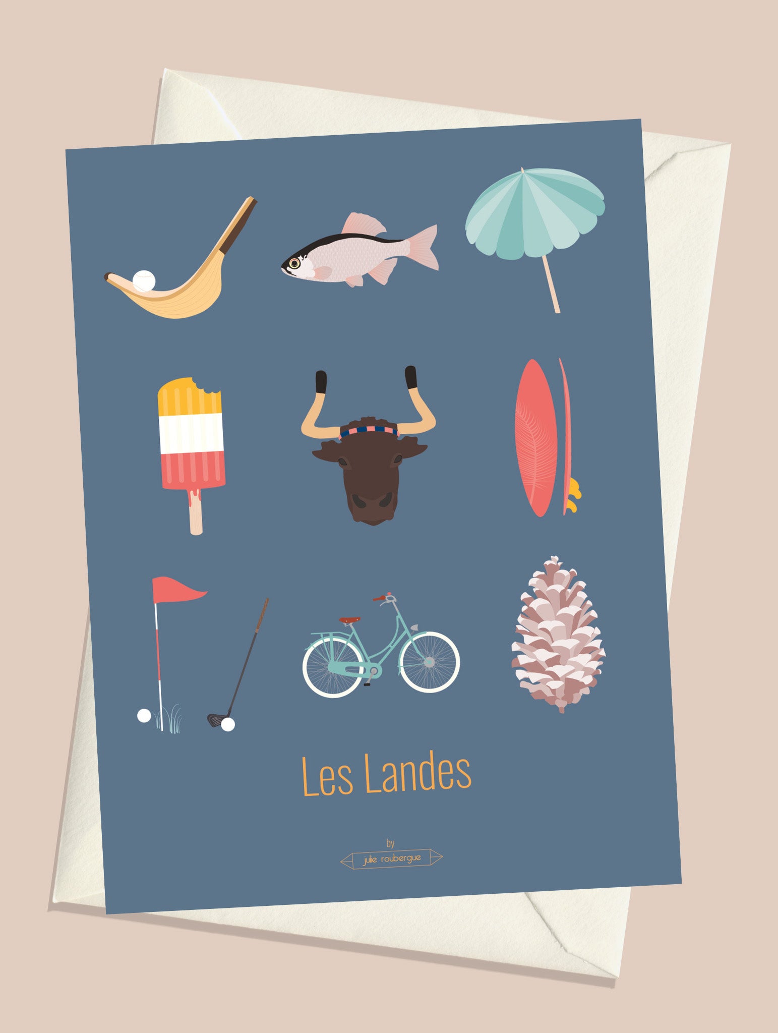 Carte postale Les Landes – Les Iconiques (bleu foncé) avec son enveloppe assortie, objets emblématiques de la région landaise.