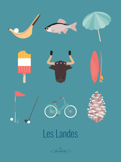 Carte postale Les Landes – Les Iconiques, affichant une composition d’icônes landaises sur fond bleu-vert.